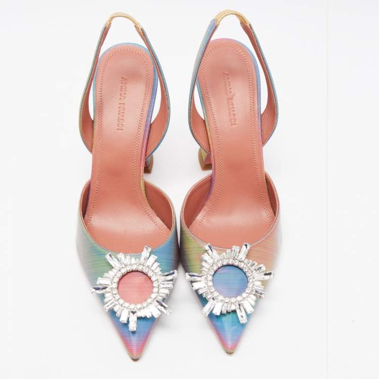 مملوكة مسبقًا Amina Muaddi Multicolor Iridescent PVC Begum Slingback Pumps Size 38.5