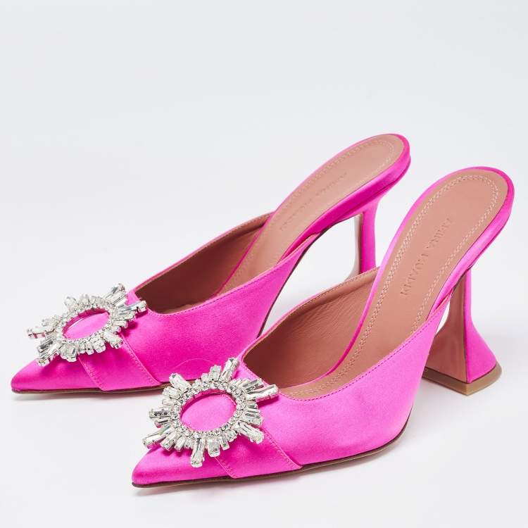 Pre Owned Amina Muaddi Pink Satin Begum Mules Size 36 