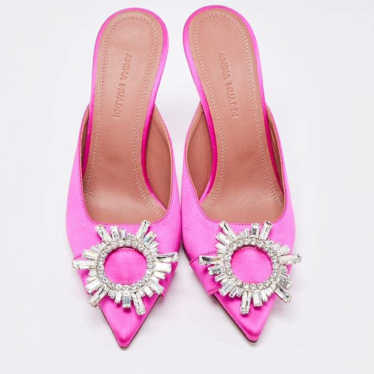 Pre Owned Amina Muaddi Pink Satin Begum Mules Size 36 