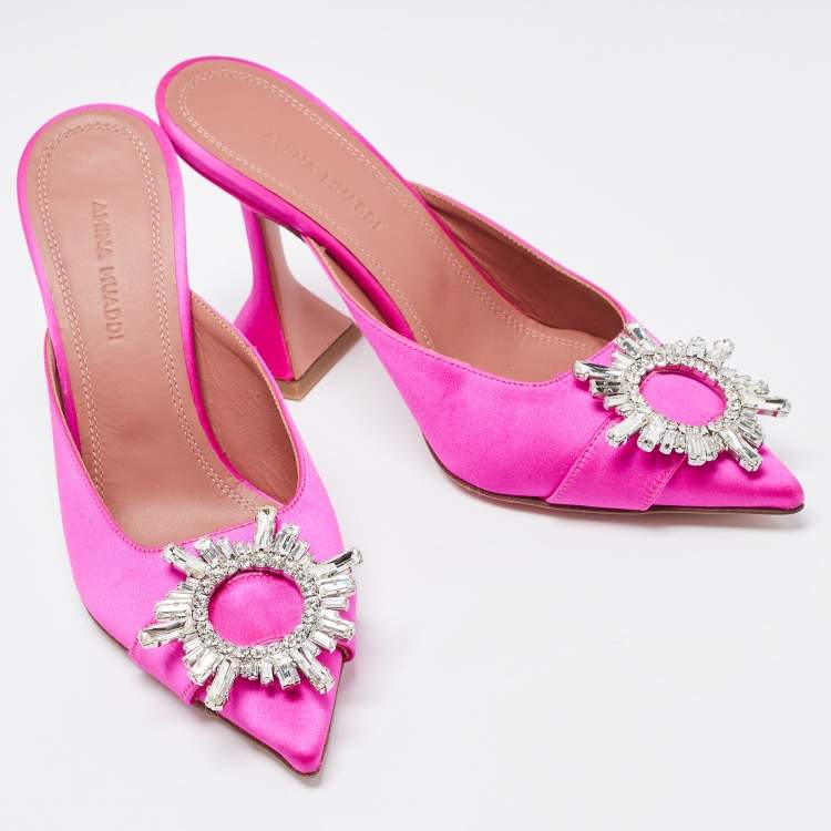 Pre Owned Amina Muaddi Pink Satin Begum Mules Size 36 