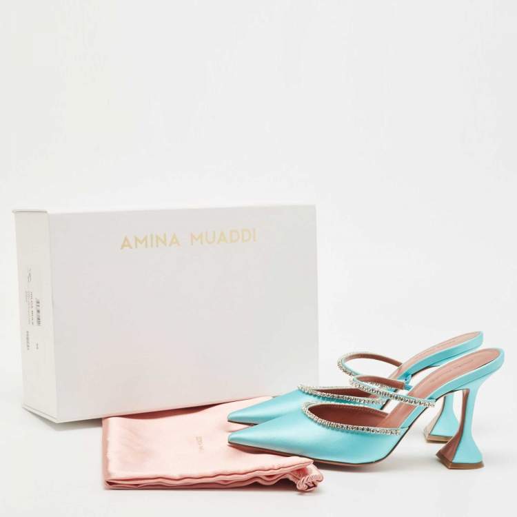 Pre Owned Amina Muaddi Blue Satin Gilda Mules Size 39