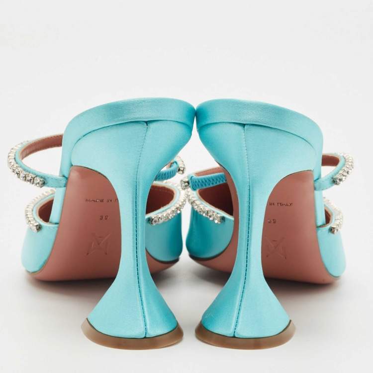 Pre Owned Amina Muaddi Blue Satin Gilda Mules Size 39