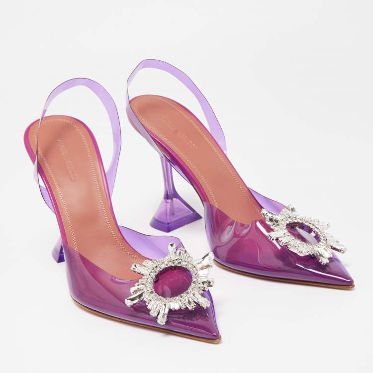 Pre Owned Amina Muaddi Purple PVC Begum Crystal Embellished Slingback Pumps Size 40