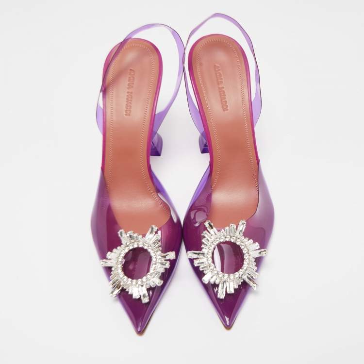 Pre Owned Amina Muaddi Purple PVC Begum Crystal Embellished Slingback Pumps Size 40