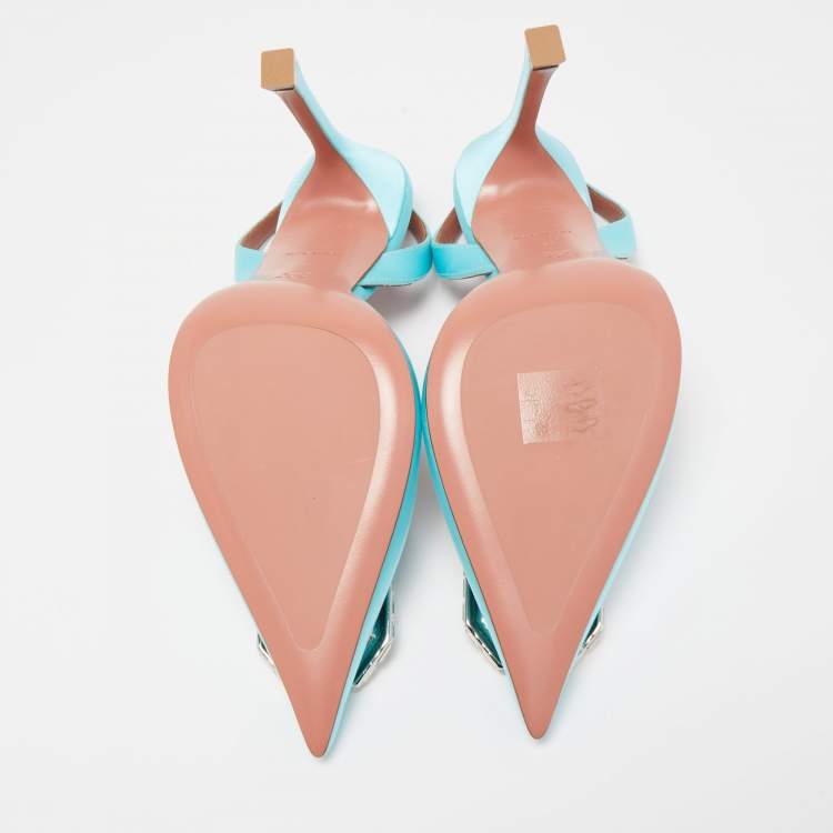 Pre Owned Amina Muaddi Blue Satin Camelia Crystal Embellished Pointed Toe Slingback Pumps Size 37