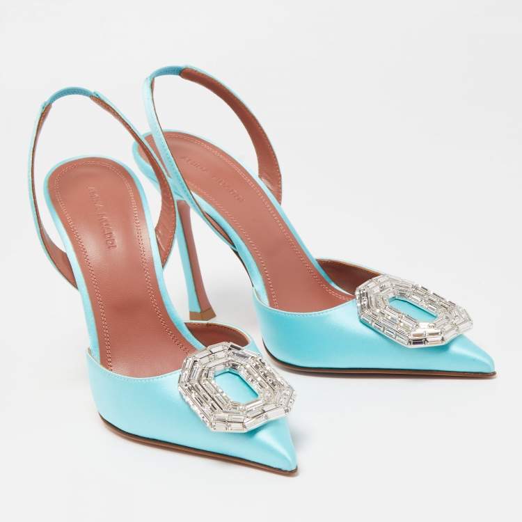 Pre Owned Amina Muaddi Blue Satin Camelia Crystal Embellished Pointed Toe Slingback Pumps Size 37