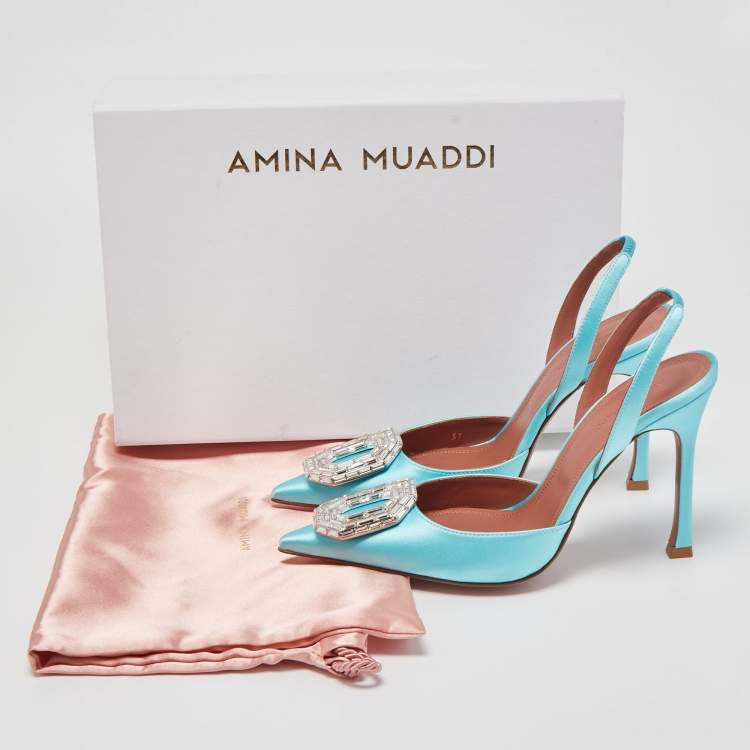 Pre Owned Amina Muaddi Blue Satin Camelia Crystal Embellished Pointed Toe Slingback Pumps Size 37