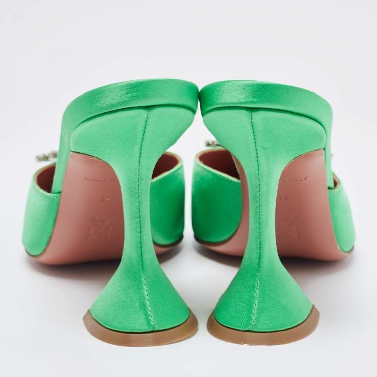 Pre Owned Amina Muaddi Green Satin Begum Mules Size 36
