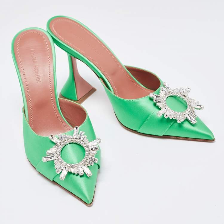 Pre Owned Amina Muaddi Green Satin Begum Mules Size 36