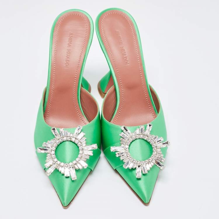 Pre Owned Amina Muaddi Green Satin Begum Mules Size 36