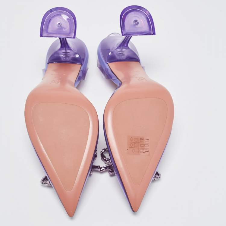 Pre Owned Amina Muaddi Purple PVC Rosie Crystal Embellished Bow Pointed Toe Slingback Pumps Size 40.5
