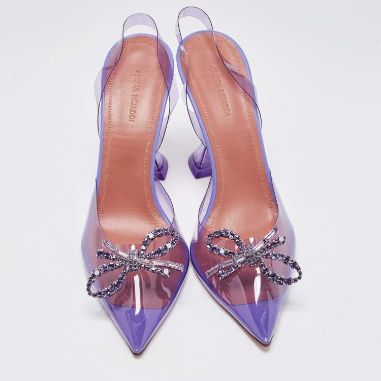 Pre Owned Amina Muaddi Purple PVC Rosie Crystal Embellished Bow Pointed Toe Slingback Pumps Size 40.5