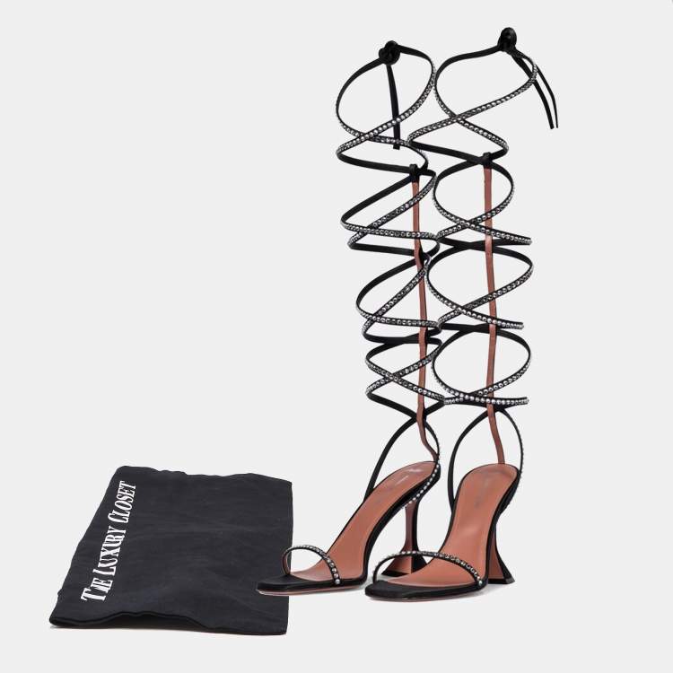 Pre Owned Amina Muaddi x AWGE LSD Black Crystal Embellished Satin Ankle Wrap Gladiator Sandals Size 37