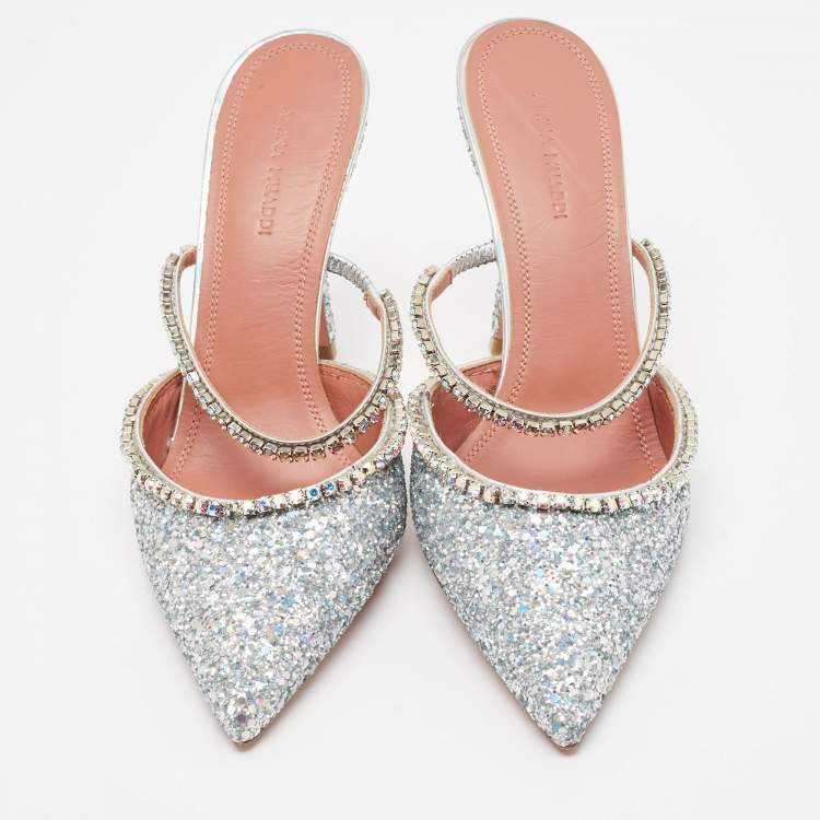 Pre Owned Amina Muaddi Silver Glitter Crystal Embellished Gilda Mules Size 39