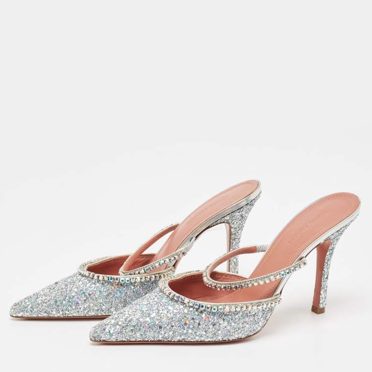 Pre Owned Amina Muaddi Silver Glitter Crystal Embellished Gilda Mules Size 39