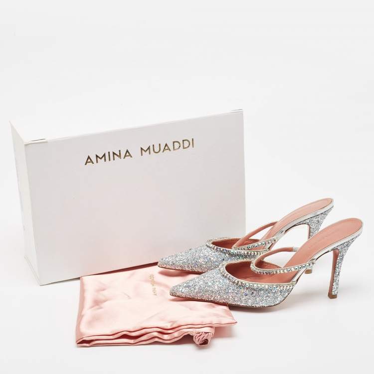 Pre Owned Amina Muaddi Silver Glitter Crystal Embellished Gilda Mules Size 39