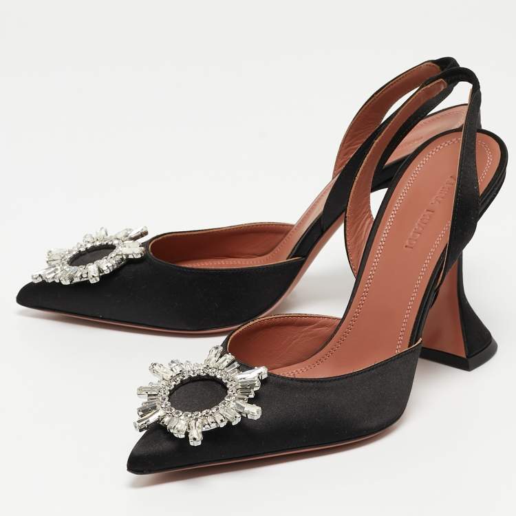 Pre Owned Amina Muaddi Black Satin Begum Slingback Pumps Size 38