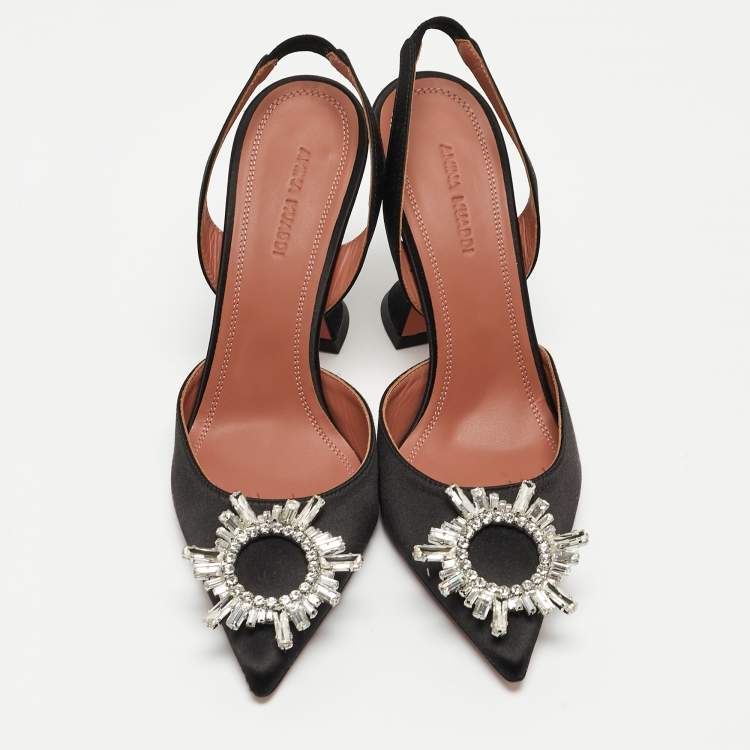 Pre Owned Amina Muaddi Black Satin Begum Slingback Pumps Size 38