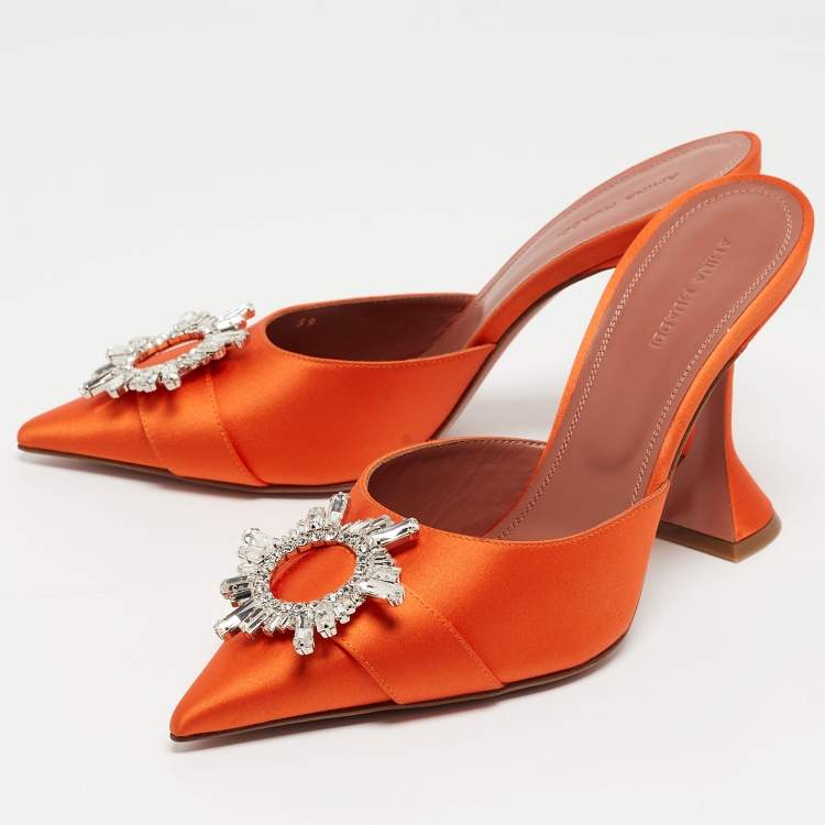 Pre Owned Amina Muaddi Orange Satin Begum Mules Size 39