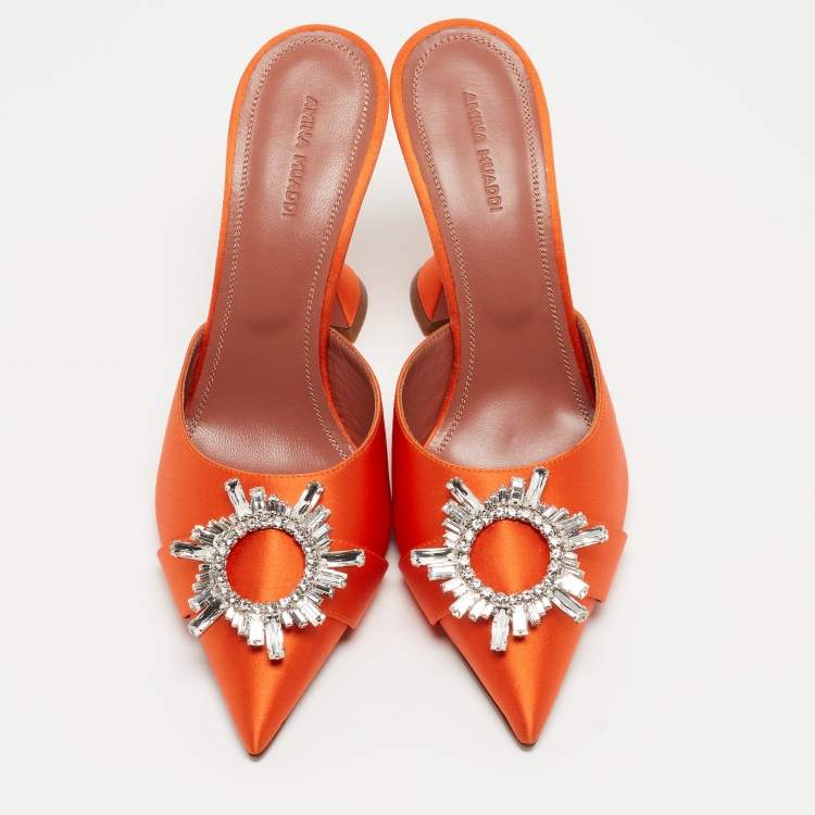 Pre Owned Amina Muaddi Orange Satin Begum Mules Size 39