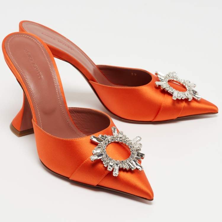 Pre Owned Amina Muaddi Orange Satin Begum Mules Size 39