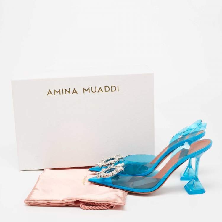 Pre Owned Amina Muaddi Blue PVC Begum Slingback Pumps Size 37.5 