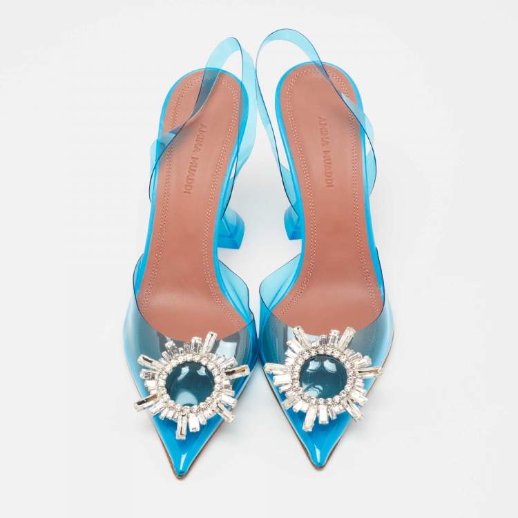 Pre Owned Amina Muaddi Blue PVC Begum Slingback Pumps Size 37.5 