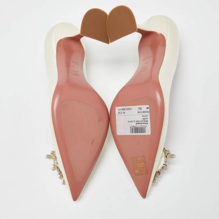 Pre Owned Amina Muaddi White Satin Begum Crystal Embellished Pointed Toe Pumps Size 39
