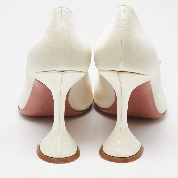 Pre Owned Amina Muaddi White Satin Begum Crystal Embellished Pointed Toe Pumps Size 39
