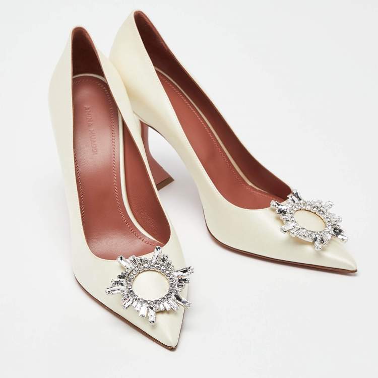 Pre Owned Amina Muaddi White Satin Begum Crystal Embellished Pointed Toe Pumps Size 39