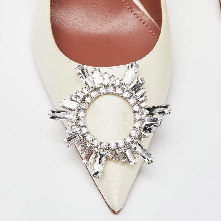 Pre Owned Amina Muaddi White Satin Begum Crystal Embellished Pointed Toe Pumps Size 39