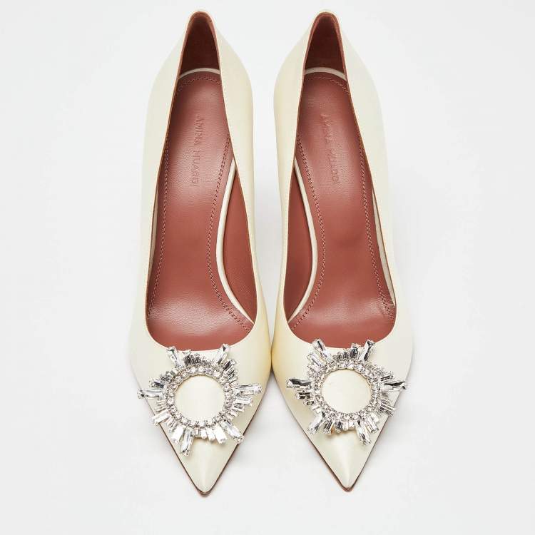 Pre Owned Amina Muaddi White Satin Begum Crystal Embellished Pointed Toe Pumps Size 39
