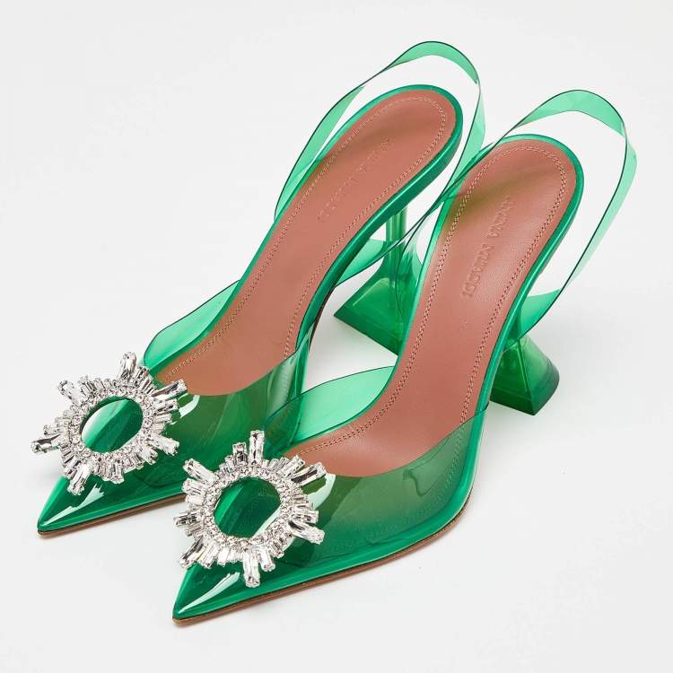 Pre Owned Amina Muaddi Green PVC Begum Crystal Embellished Slingback Pumps Size 37
