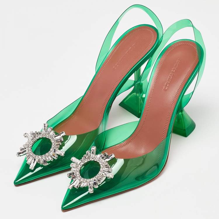 Pre Owned Amina Muaddi Green PVC Begum Crystal Embellished Slingback Pumps Size 40