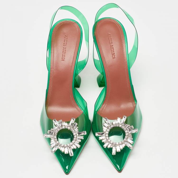 Pre Owned Amina Muaddi Green PVC Begum Crystal Embellished Slingback Pumps Size 40