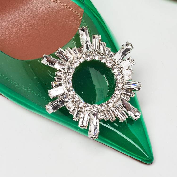 Pre Owned Amina Muaddi Green PVC Begum Crystal Embellished Slingback Pumps Size 40