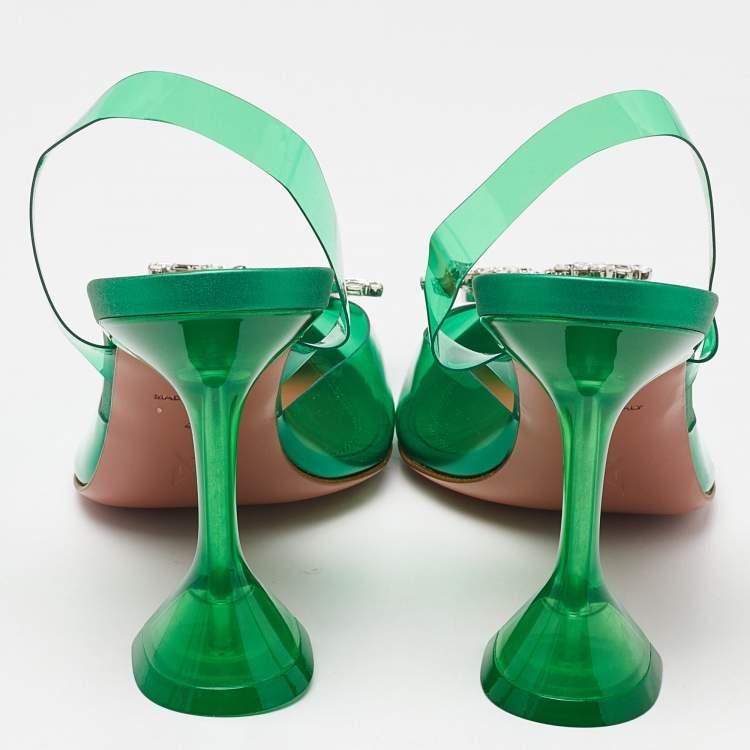 Pre Owned Amina Muaddi Green PVC Begum Crystal Embellished Slingback Pumps Size 40