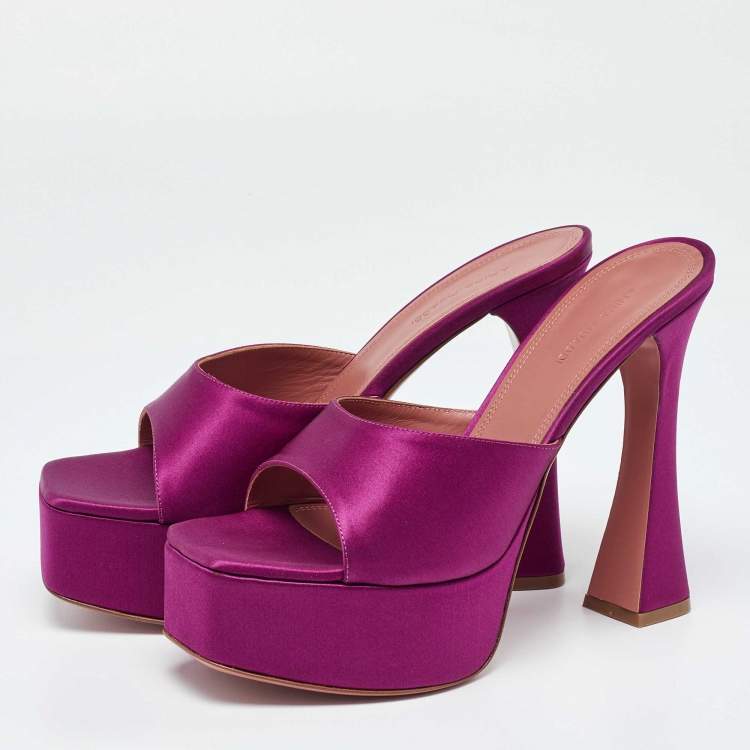 Pre Owned Amina Muaddi Pink Satin Dalida Open Toe Platform Slide Sandals Size 40