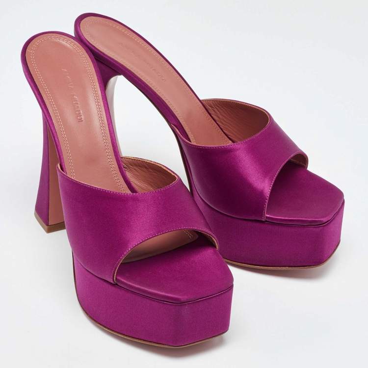 Pre Owned Amina Muaddi Pink Satin Dalida Open Toe Platform Slide Sandals Size 40