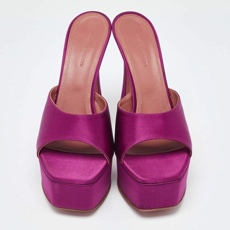 Pre Owned Amina Muaddi Pink Satin Dalida Open Toe Platform Slide Sandals Size 40