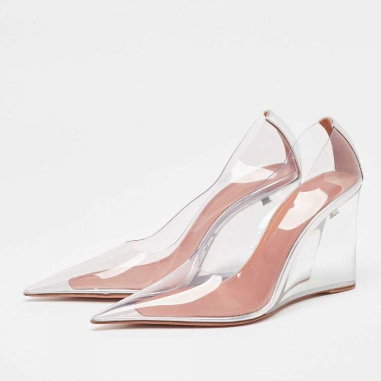 Pre Owned Amina Muaddi Transparent PVC Ane Wedge Pumps Size 38.5