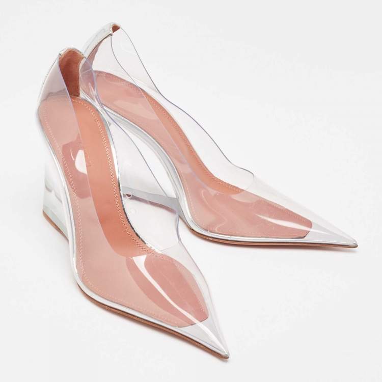 Pre Owned Amina Muaddi Transparent PVC Ane Wedge Pumps Size 38.5