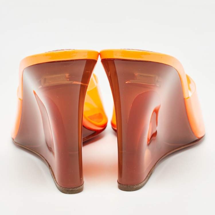 Pre Owned Amina Muaddi Neon Orange PVC Lupita Wedge Sandals Size 37