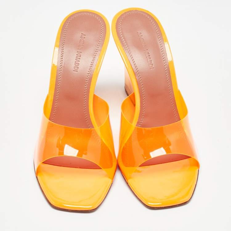 Pre Owned Amina Muaddi Neon Orange PVC Lupita Wedge Sandals Size 37