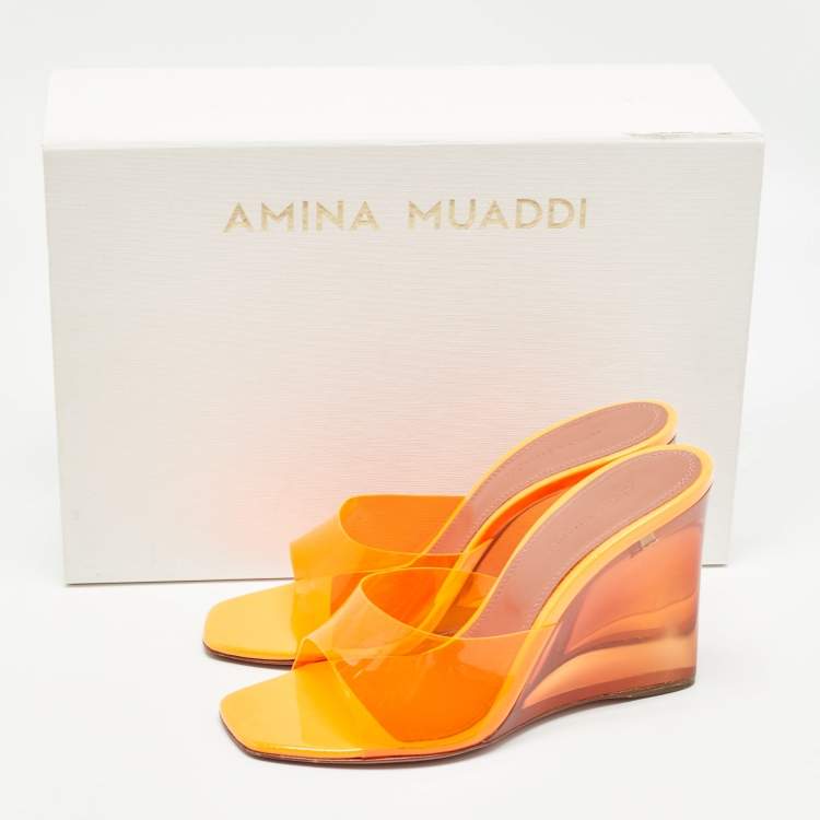 Pre Owned Amina Muaddi Neon Orange PVC Lupita Wedge Sandals Size 37