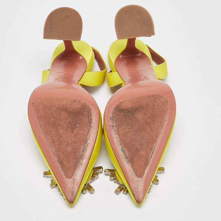 Pre Owned Amina Muaddi Yellow Satin Begum Slingback Pumps Size 36.5