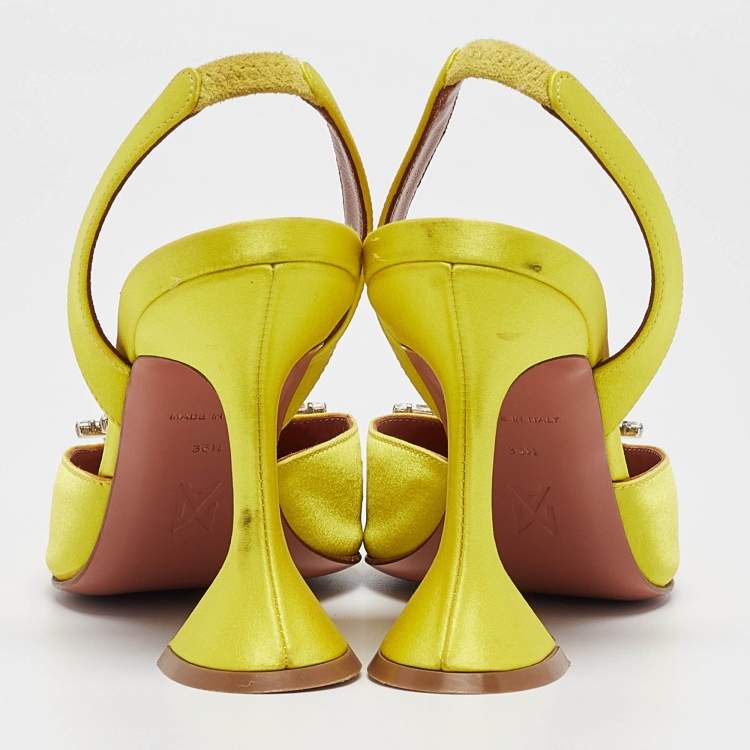 Pre Owned Amina Muaddi Yellow Satin Begum Slingback Pumps Size 36.5