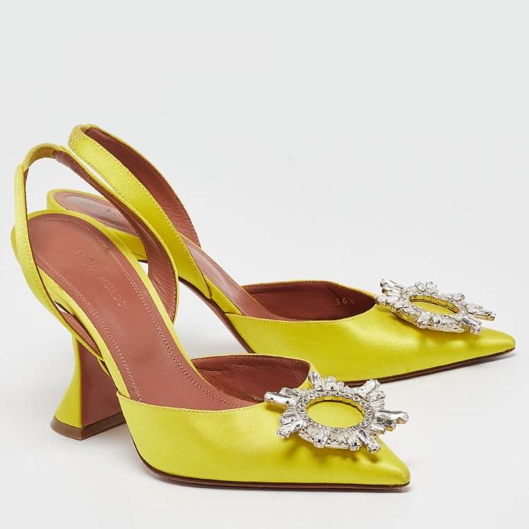 Pre Owned Amina Muaddi Yellow Satin Begum Slingback Pumps Size 36.5