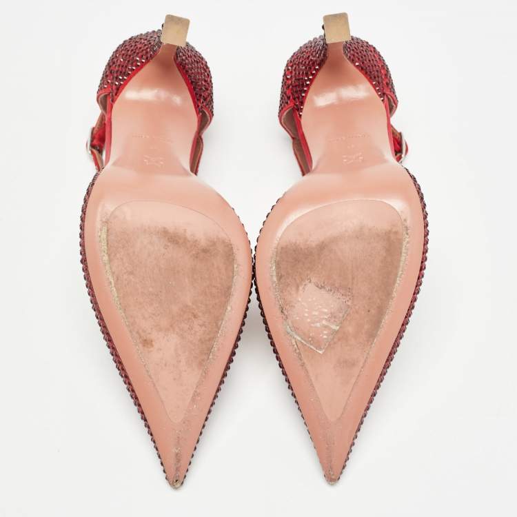Pre Owned Amina Muaddi Red Satin Vittoria 105mm Crystal-Embellished Pumps Size 37