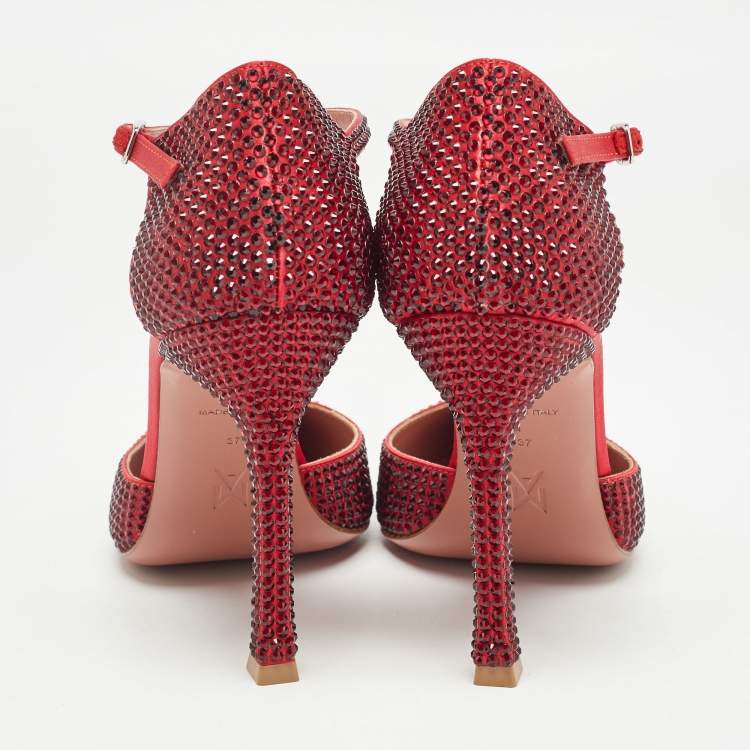 Pre Owned Amina Muaddi Red Satin Vittoria 105mm Crystal-Embellished Pumps Size 37